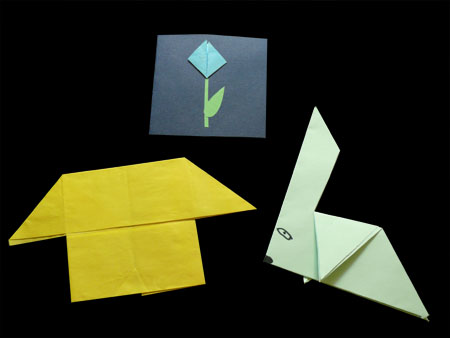 оригами дом, заяц, цветок